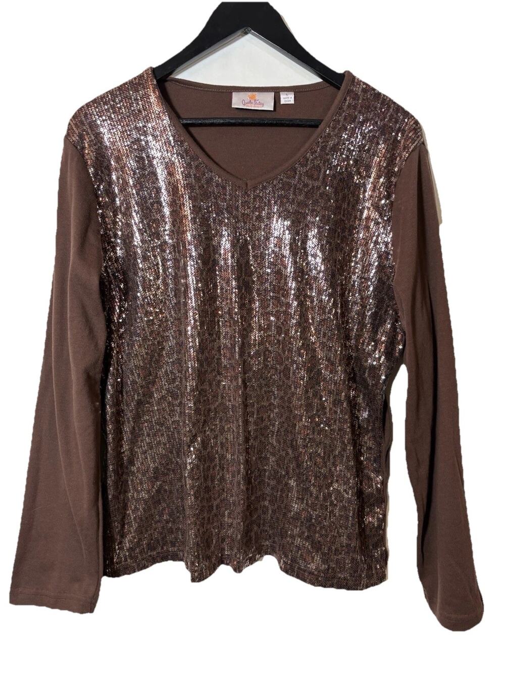 Leopard Sequin Top Shirt Quacker Factory Long Sleeve Brown Large Retro V-Neck